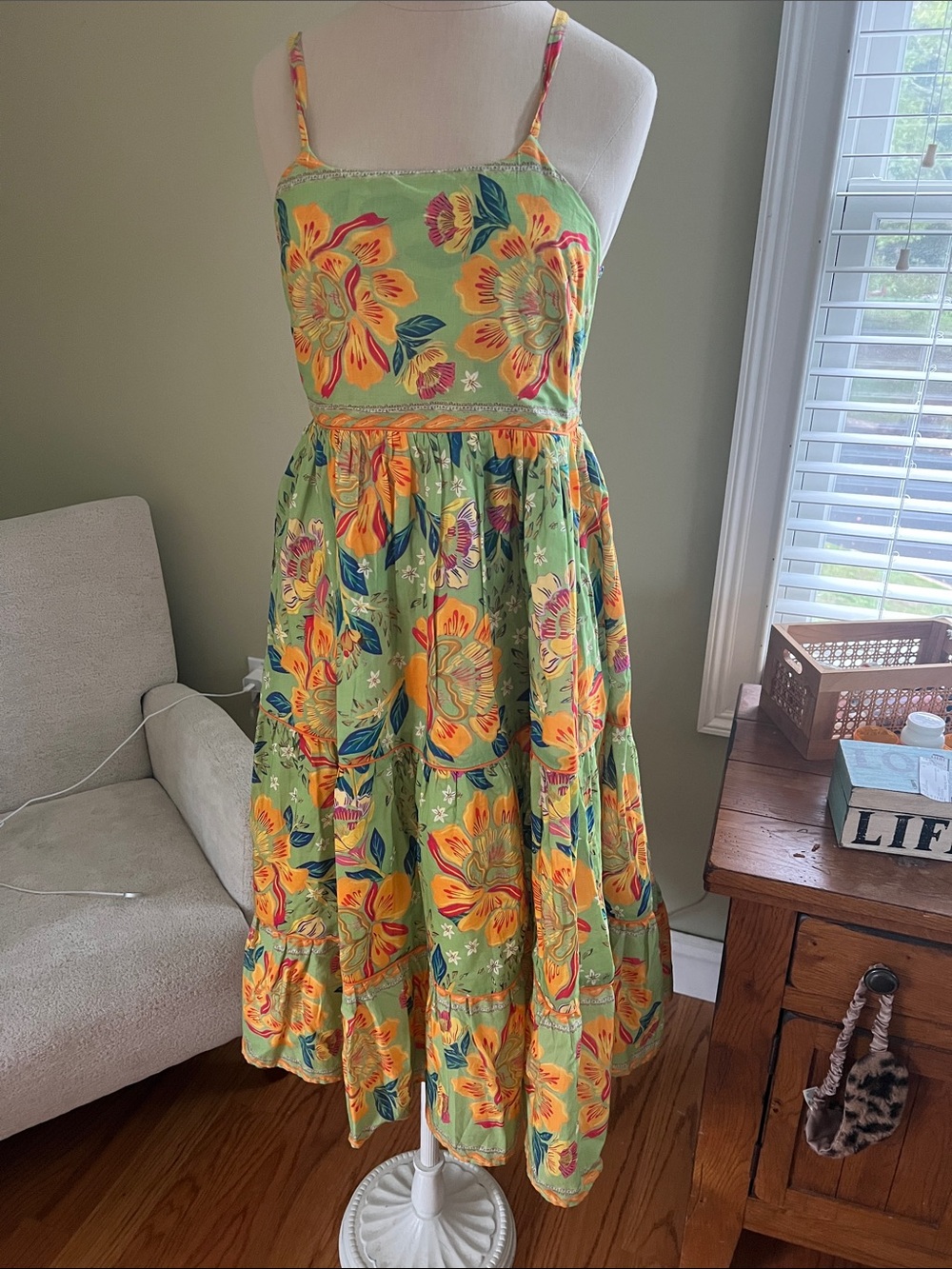Avani Del Amour boutique Green Floral Sundress boho fully lined NWT XS